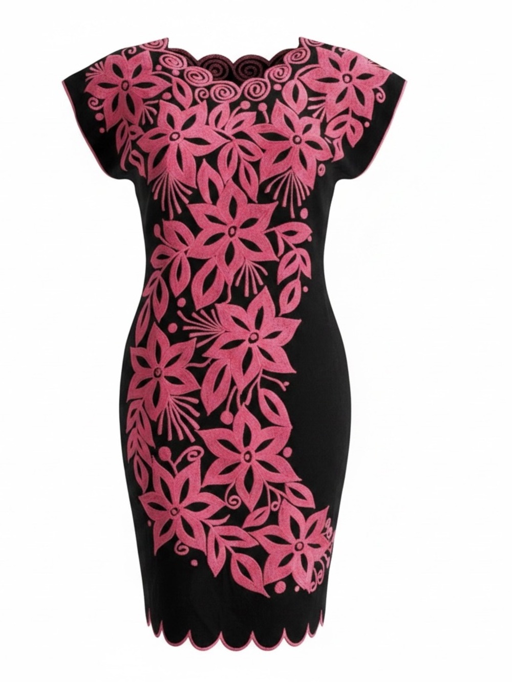 Black Mexican “Maya” Dress with Bold Pink Embroidery